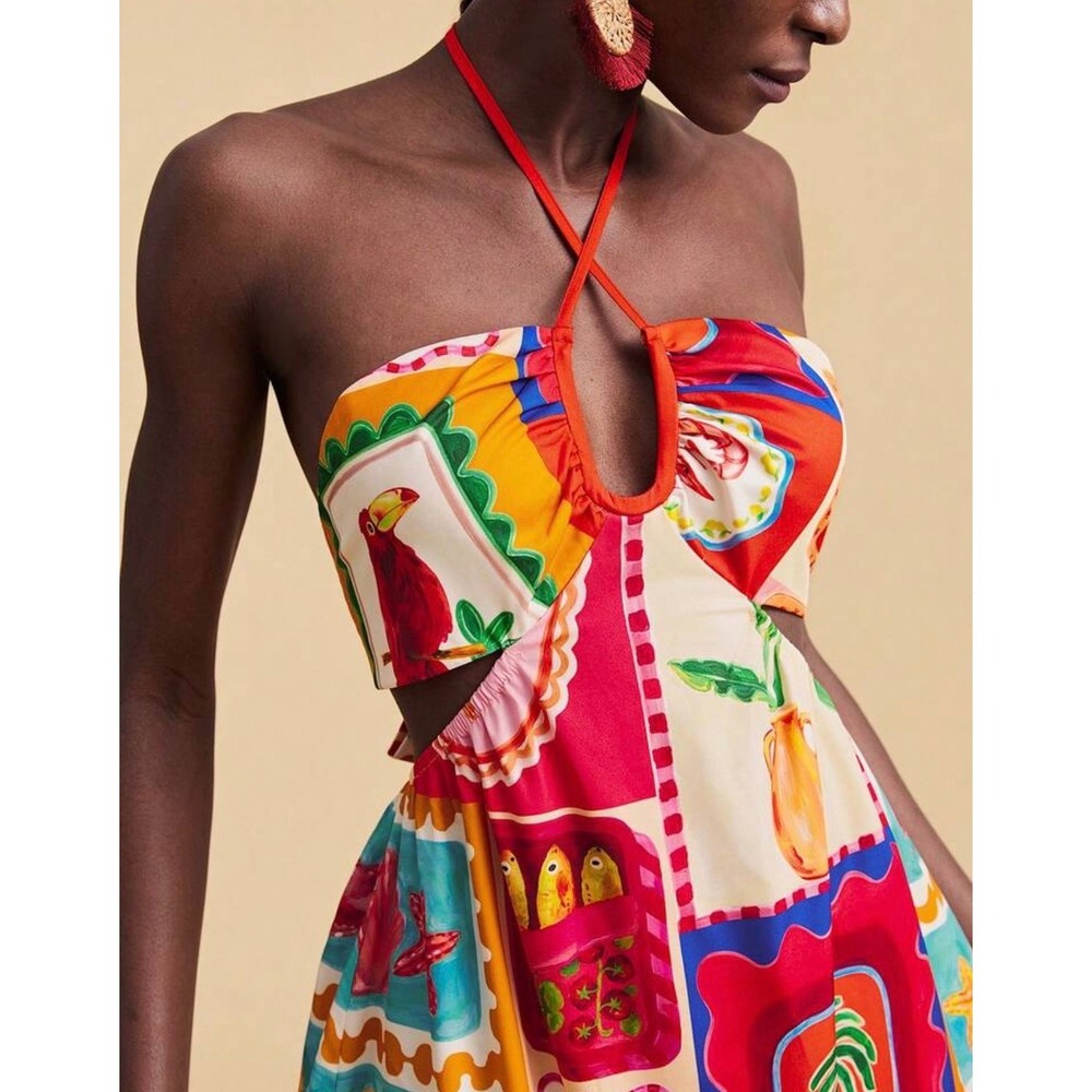 Tropical Stamp Halter Cutout Maxi Dress Multi Color Size L - Picture 3 of 10